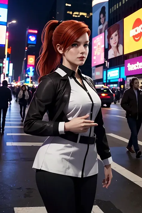 3d, CGI, Render, realistic, realism, photo-realistic, , (photorealistic:1.4), (perfect female figure), 8k high definition detailed realistic, (best quality, masterpiece:1.2),  physically-based rendering, best quality, highly detailed, 1girl,  , redhead hair, ponytail,  wearing a reporter uniform,  looking at viewer,at times square, crowded city background <lora:MaryJane1-000010:.7>