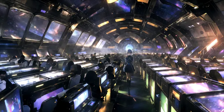 (large observation window:1.1), masterpiece, best quality, highly detailed background, BREAK 1girl, looking at viewer, space officer uniform, insignia, epaulets, white gloves, gold trim, tall boots, red sash, communication earpiece, determined expression, silver hair, star-shaped hairclip, violet eyes, flat chest, badge of honor, BREAK futuristic space station, high-tech control panels, crew members working, soft ambient lighting, space <lora:Silicon-landscape-isolation:1>