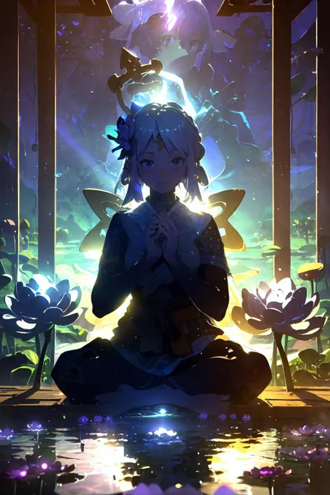 best quality, daytime, (vibrant colors:1.1), (silver:1.1), indian style, cross legged, mudra [meditation] BREAK 1girl, solo, folo focus, smile, blush, looking at viewer, silver hair ornament, (halo:1.2), lotus, lotus flower base, lotus pedestal, reflection