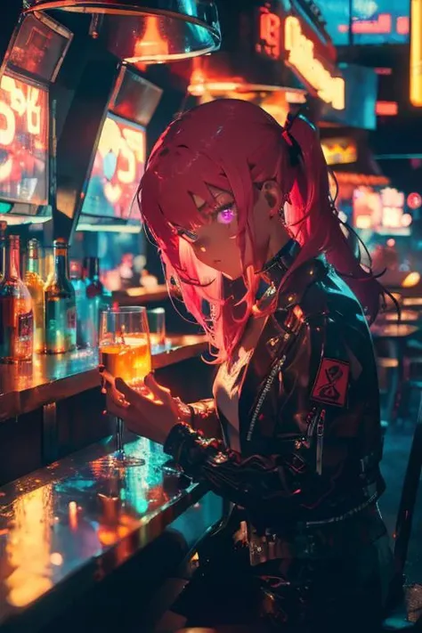 Cyberpunk, 1girl, sitting in a futuristic bar, holding a glass, modified human, elegant suit, pink hair, purple eyes, looking intrigued, finely drawn eyes and face and hands and fingers, complex background, neon, best quality, amazing detail, 4k, 8k, UHD, to scale, anime,
