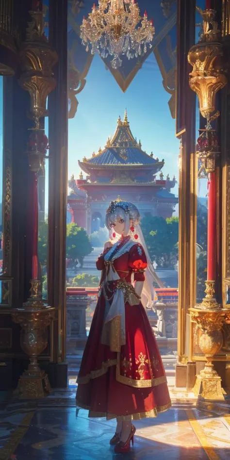 1Girl, full body, elegant, white hair, green eyes, intricate red gown, silver earrings, palace interior background, golden chandelier, highest quality, highly detailed, 4k, 8k, UHD, to scale, anime