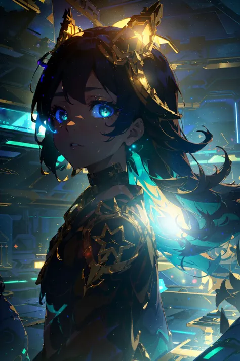highest quality, 8k, UHD, extreme resolution, masterpiece, tribal, (1girl), fox ears, floating hair, long hair, (looking afar), golden paint, 1girl, best color, neon, blue and green and purple, starry sky, dark theme, backlighting, reflective surface, silhouette, (gold outline:1.4), portrait, glowing eyes, (golden eyes), gradient eyes, (clear skin:1.2), (clear)