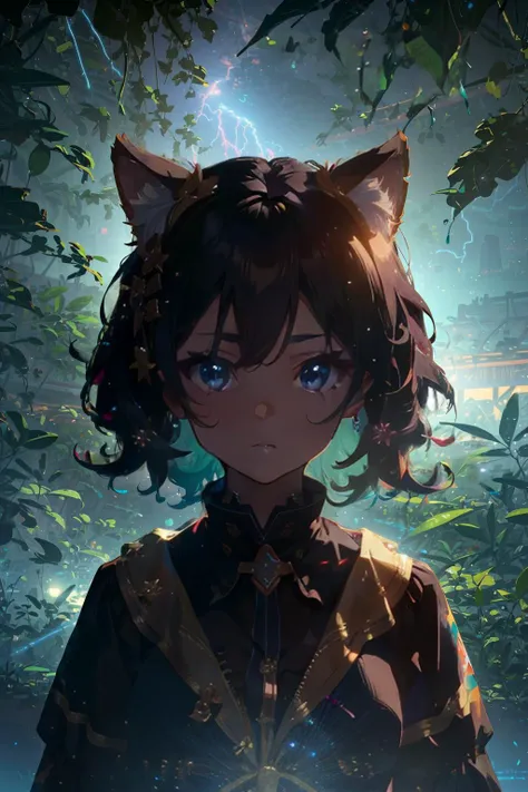 (masterpiece:1.1), (highest quality:1.1), (HDR:1.0), extreme quality, cg, (negative space), detailed face+eyes, 1girl, fox ears, animal ear fluff, (plants:1.18), (fractal art), (bright colors), splashes of color background, colors mashing, paint splatter, complimentary colors, neon, (thunder tiger), compassionate, electric, limited palette, synthwave, fine art, tan skin, upper body, (teal and white:1.2), time stop