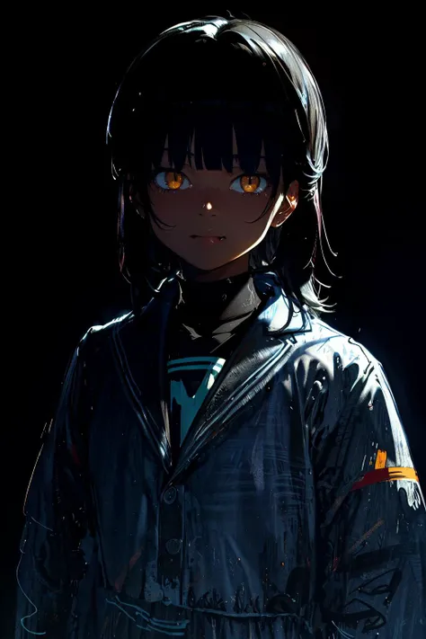 masterpiece, best quality, ultra-detailed, simple black background, detailed shadows, upper body, (dark lighting, realistic lighting:1.2), dark colors, (sketch, painting:1.2), BREAK 1girl, solo, black hair, orange eyes, school uniform, ribbon, serafuku, jacket, (blunt bangs:1.2), tongue out, smug, happy, v over mouth