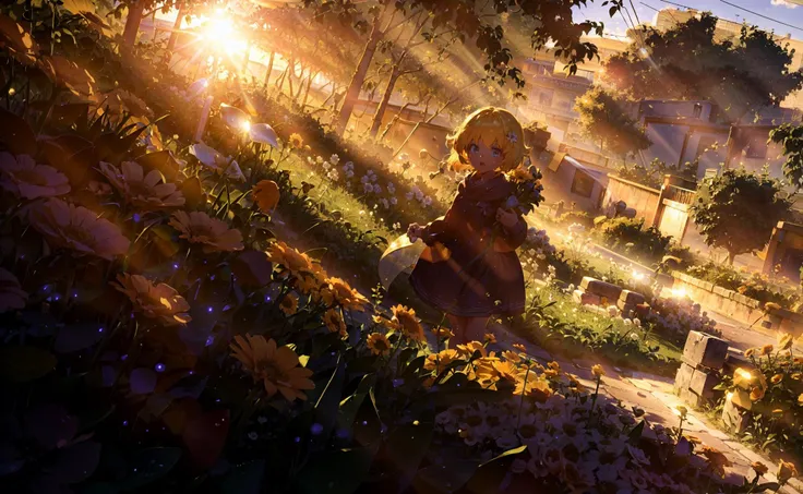 best quality, sunshine, detailed background,extremely detailed,body ratio, girl,flower garden, cute, blonde hair,