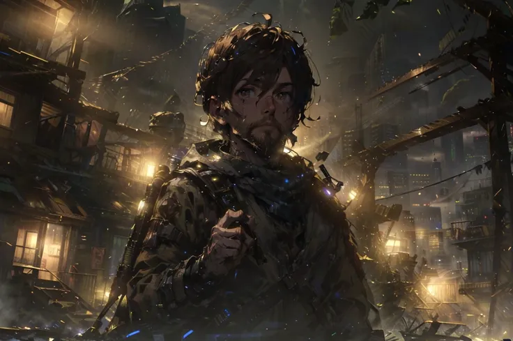 in-the-style-of-sakura-oriko (masterpiece:1.2 best-quality) (real-picture intricate-details)-real-shadows (1man GS- Masculine big-adult-male:1.2) yellow-eyes brown-hair short-hair (style-rustmagic:0.8) solo upper-body looking-up detailed-background detailed-face ( <lora:postapocalypseAI:0.4> postapoAI post-apocalyptic-dark-dystopian-theme:1.1) worried investigator-of-eldritch-mysteries frayed-adventuring-gear cape dark-color-scheme spectral-apparitions corrupted-grimoire derelict-graveyard-in-background sinister-mist spectral-lights early-20th-century-mysterious-lovecraftian-atmosphere
