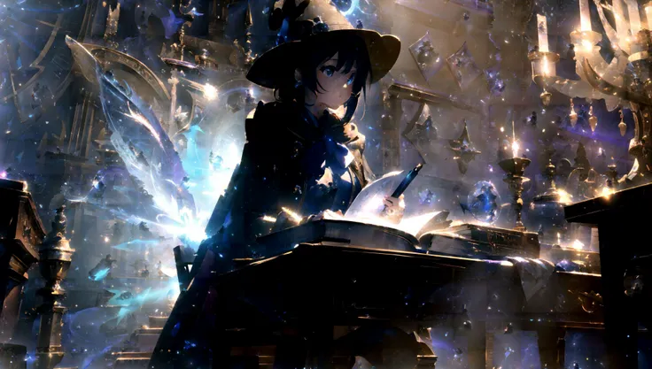 1 girl,extremely detailed CG unity 8k wallpaper,solo,witch,hood,(sitting on a magic book:1.2),holding a feather pen,blue purple color matching,within the castle,high quality,4k,magic,