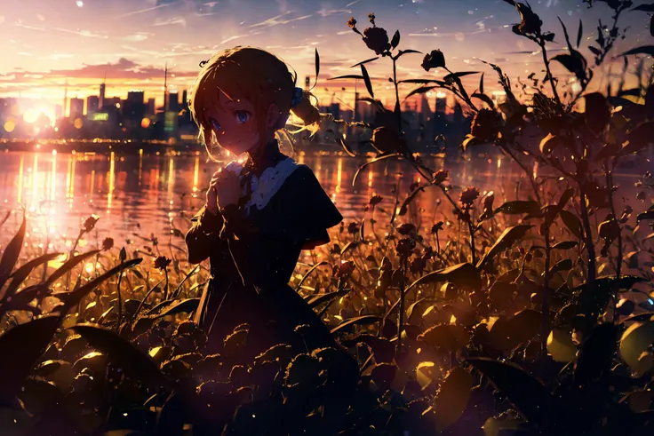 best quality, masterpiece, extremely detailed, detailed background, 1girl, solo, yellow hair, blue eyes, braid, long hair, wavy hair, fluffy hair, ponytail, french braid, blush, smile, capelet, lace trim, bodice, sunset, dusk, scenery, high place, horizon, wind, wind blow, flowerbed, hands up, depth of field, bokeh