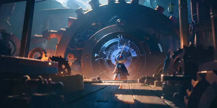(Close-up:1.2), 1girl, solo, standing inside a fantasy clock tower, blue hair, white eyes, magician robes outfit, intricate background, (clockwork, mechanical items, many cogs:1.2), workshop, all connected, dusty floor, shadowy smoke, dim lighting, panoramic view, dark theme, best quality, amazing detail, 4k, 8k, uhd,