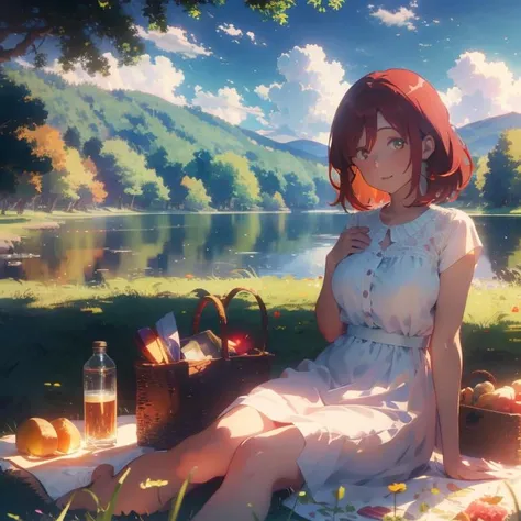 1Girl, mature, American, redhead, medium hair, yellow eyes, sitting on a picnic blanket near a lake, elegant summer dress, happy, grass, tree, lake, clouds, highest quality, highly detailed, 4K, 8K, UHD,