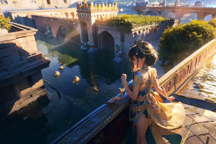 1Girl, Beautiful, Persian princess, straightened long black hair, red eyes, intricate outfit, jewelry with gemstones, Babylon, royal gardens, overlooking the city, majestic, masterpiece, best quality, amazing detail, 4k, 8k, UHD, view from above, to scale,