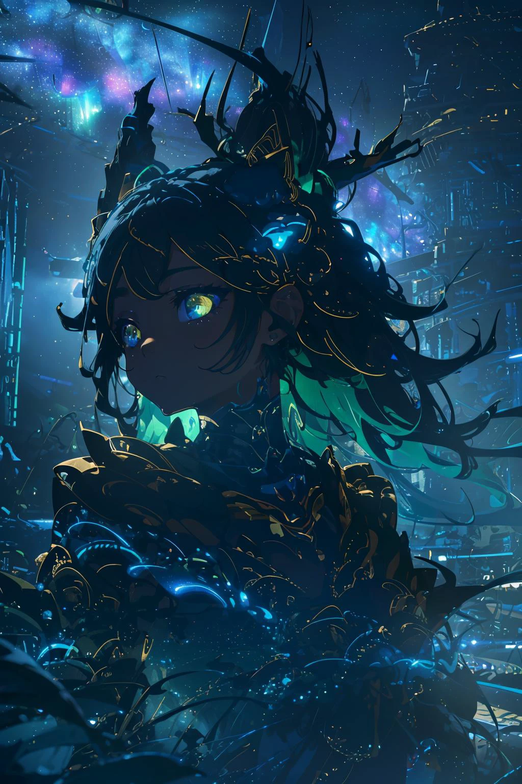 highest quality, 8k, UHD, extreme resolution, masterpiece, tribal, (1girl), fox ears, floating hair, long hair, (looking afar), golden paint, 1girl, best color, neon, blue and green and purple, starry sky, dark theme, backlighting, reflective surface, silhouette (outline:1.2), portrait, glowing eyes, (golden eyes), gradient eyes, (clear skin:1.2), (clear), (concise), (together), (structured)