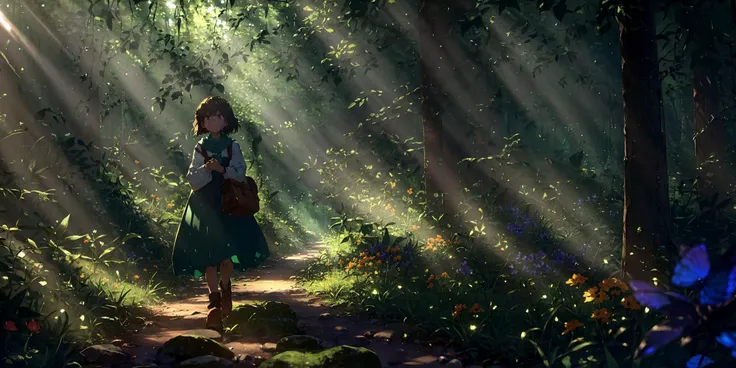 (1girl), solo, walking, [long hair:black], [green eyes:1.2], [long legs:1.2], [delicate fingers:1.3], [wearing a dress:1.2], [green dress:1.1], [knee-length dress:1.1], [floral pattern:1.1], [fitted bodice:1.1], [full skirt:1.1], [brown boots:1.2], [ankle boots:1.1], [leather boots:1.1], [slightly heeled boots:1.1], [forest background:1.5], [tall trees:1.2], [sunlight filtering through leaves:1.2], [lush greenery:1.2], [mossy rocks:1.2], [birds singing:1.1], [calm atmosphere:1.1], [late afternoon:1.1], [carrying a woven basket:1.2], [basket full of flowers:1.2], [bending over to pick a flower:1.2], [orange flower:1.1], [fingers gently holding flower:1.2], [walking on a dirt path:1.2], [dappled sunlight on path:1.1], [fallen leaves on path:1.1], [listening to music with earbuds:1.1], [wearing a necklace:1.1], [leaf-shaped pendant:1.1], [carrying a small bag:1.1], [brown leather bag:1.1], [cross-body bag:1.1], [checking phone:1.1], [forest clearing up ahead:1.2], [smelling the flowers:1.1], [hair blowing in the wind:1.2], [barely visible butterfly:1.2], [sunbeam hitting face:1.1], [looking up at the sky:1.1], [peaceful expression:1.1], [calm smile:1.1], [slender waist:1.2], [walking with purpose:1.2], [wandering through the woods:1.1], [enjoying nature:1.1], [content with life:1.1], [casual outfit:1.1], [enjoying the solitude:1.1],
