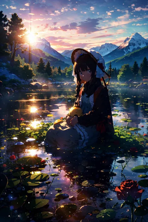 masterpiece, best quality, winter, snow field,
1girl, bangs, blue eyes, blunt bangs, bonnet, brown footwear, brown hair, dress, frills, fruit, full body, hat, long hair, long sleeves, looking at viewer, pantyhose, purple dress, red flower, red rose, rose, shoes, sitting, solo,
sky, sun, mountain, forest, lake,