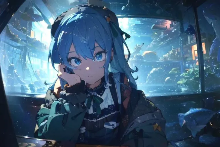 (masterpiece:1.4), (best quality:1.4), 8k, (suiseithird:1.3), (fisheye lens:1.2), (detailed eyes:1.4), upper body, aquarium, fish on background
