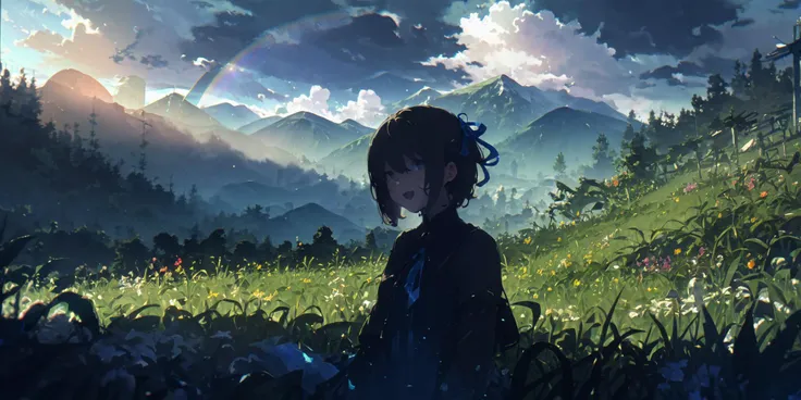 ([sketch|watercolor]:1.2), pastel colors, (chromatic aberration:1.2), intense shadows, cumulonimbus cloud, birds, rainbow, 1girl, blonde hair, short hair, wavy hair, (hair ribbon, blue ribbon:1.2), detached sleeves, blue dress, (portrait:1.2), :d, flowing hair, scenery, mountains, colorful grass fields, (flowers:1.2), floating leaves, (wind:1.2), obelisk