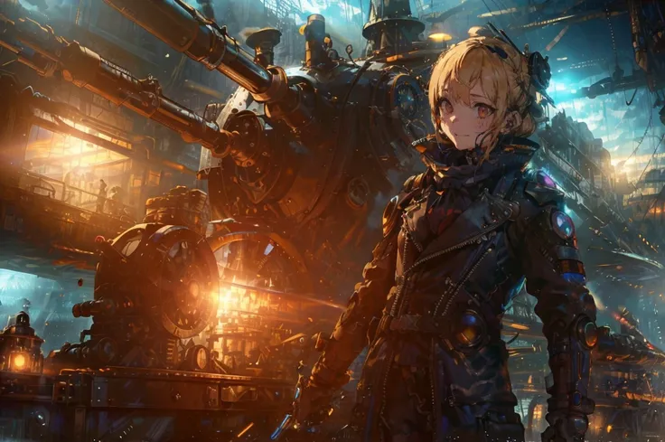 in-the-style-of-narumi-arata (masterpiece:1.2 best-quality) (real-picture intricate-details)-real-shadows 1-girl adult-jewish-woman freckles red-eyes blonde-wavy-hair (style-rustmagic:0.8) (steampunk-cyborg:0.8) portrait looking-down solo upper-body detailed-background ( <lora:PunkBundleAI:0.4> dieselpunkai 1940s-dieselpunk-theme:1.1)-evil-smile dynamic-pose sunshine-artificer floating-screws Jet-Black-patched-trenchcoat-with-gears techwear cybernetic-eye goggles-with-multiple-lenses contraption workshop-in-background steam industry engineering soot anvil