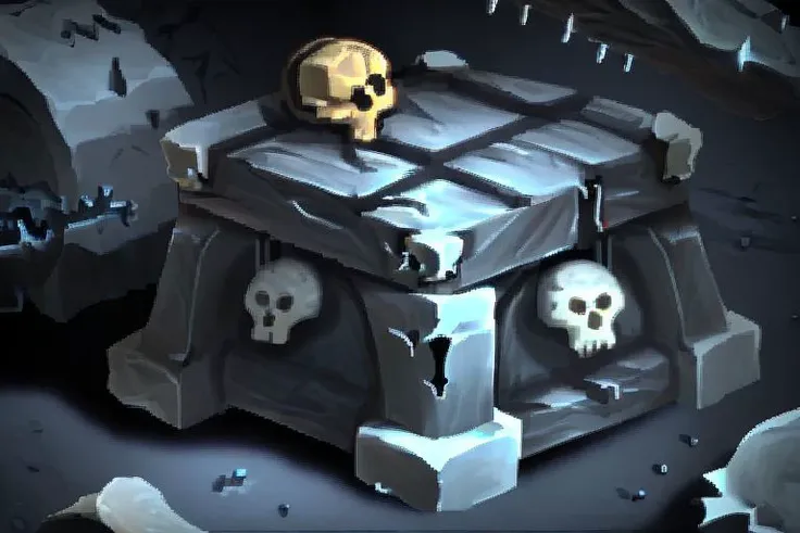 bones, skeleton, skull, treasure chest, spikes, thorns, spines, illustrate, anime, highres, ultra-detailed
