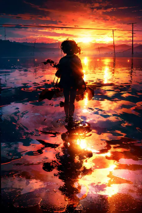 best quality, ultra high res, high resolution, 8k resolution, (silhouette:1.3), 1girl, cloud, full_moon, horizon, long_hair, moon, ocean, outdoors, red_moon, red_sky, ripples, sky, solo, standing, standing_on_liquid, sunset, water, waves