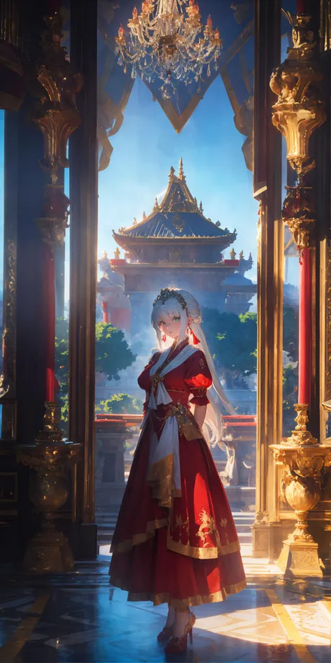 1Girl, full body, elegant, white hair, green eyes, intricate red gown, silver earrings, palace interior background, golden chandelier, highest quality, highly detailed, 4k, 8k, UHD, to scale, anime