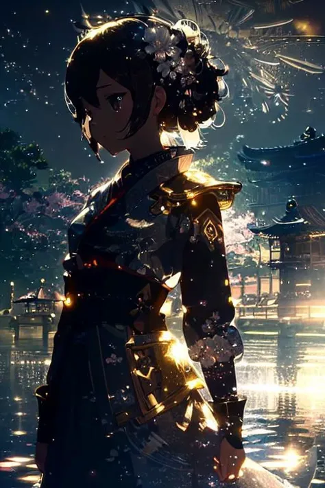 A gracefully poised samurai girl stands beneath the moonlit sky, her silhouette illuminated by the gentle glow. The girl wears intricate armor adorned with delicate cherry blossom designs, its metallic surface reflecting a soft luminescence. Her eyes hold a hint of both determination and serenity, revealing the strength and wisdom that lie within her. This stunning image, presented in the form of an exquisitely detailed painting, captivates the viewer with its ethereal beauty and evokes a sense of awe and admiration.