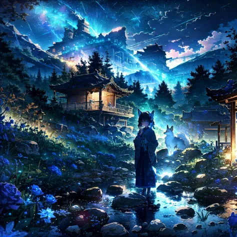1girl, (fox ears:1.1), shirakami fubuki, looking at viewer, jewelry, ribbon, ribbon-trimmed sleeves, long hair, white, aqua eyes, watercolor (medium), colored pencil (medium), green bow, (blue rose:1.1), earrings, mountain, dusk, autumn leaves, ((autumn)), chinese clothes, clouds, east asian architecture, bird, expressionless, building, red rose, rose, snow, snowflakes, fire, (nagishiro mito:1.2), sky, blue sky, red moon, fox tail, fox mask, red dress, wet, rain, water, white flower, blue flower, yellow flower, shooting star, starry sky, tree, green background, rainbow, blood, house, street, (river:0.8), (ocean:0.8),(waterfall:0.8), hand on own chest, lamppost, lights, (night:1.255), hitodama