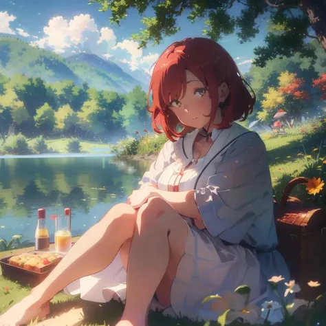 1Girl, mature, American, redhead, medium hair, yellow eyes, sitting on a picnic blanket near a lake, elegant summer dress, happy, grass, tree, lake, clouds, highest quality, highly detailed, 4K, 8K, UHD,