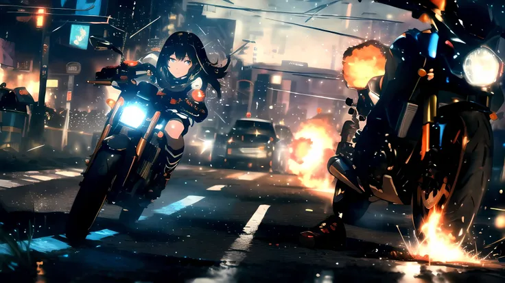 masterpiece, hi-res, ultra detailed, 8k, hdr, (ultra detailed face), cyberpunk, sexy girl fighting, stockings, skirt, breasts, long hair, sexy, short skirt, wind, narrow lane, perfect anatomy, close up, girl on motorcycle, motorcycles, bullets, shooting, explosions, fire, sparkles, tyres, giant battle robot, speed, perfect face, detailed eyes,