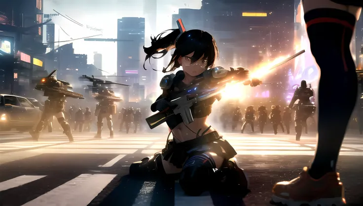 masterpiece, hi-res, ultra detailed, 8k, hdr, (ultra detailed face), cyberpunk, sexy girl fighting, stockings, skirt, breasts, long hair, high kick,  swords, sexy, short skirt, wind, lane, tight lane, street, surrounded by mans, surrounded by soldiers, girl hitting enemy with leg to head, panties, girl fighting against man, perfect anatomy, close up, tracers, shooting, bullets, rifles, guns, stomach, sword fight, battle robot, vanzer