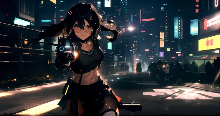 masterpiece, hi-res, ultra detailed, 8k, hdr, (ultra detailed face), cyberpunk, sexy girl fighting, stockings, skirt, breasts, long hair, sexy, short skirt, wind, narrow lane, perfect anatomy, close up, tracers, shooting, bullets, stomach, big battle robot, sexy school uniform, (girl shooting to camera), pistol,