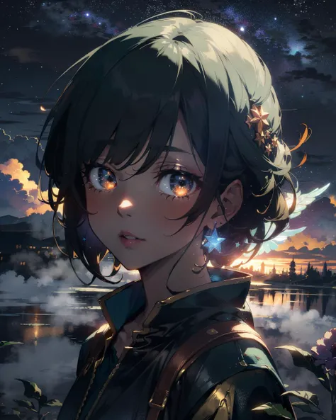(masterpiece:1.1), (highest quality:1.1), (HDR:1.0), high quality, imp girl, special ambience, (flat color:0.8), (limited palette), high contrast, cg unity wallpaper, hyper focus, tone mapping, depth mapping, above clouds, starry sky, plants, tropic, 1girl, golden eyes, looking away, portrait, parted lips, (ethereal), indigo skin, shorts, wave, pretty face, fantasy, (magical:0.7)