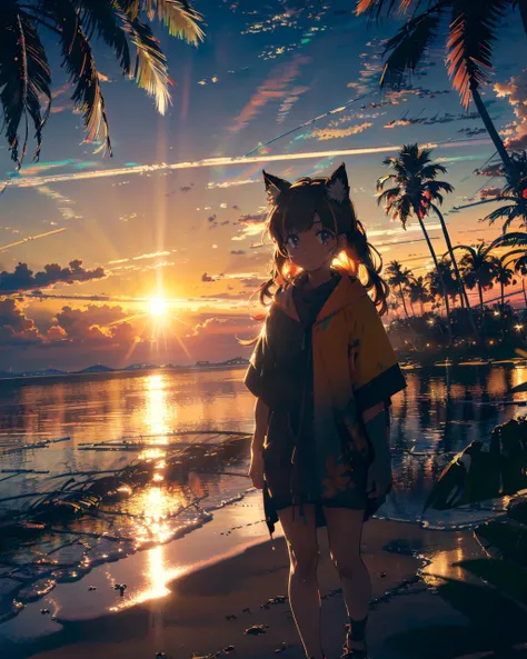 (masterpiece:1.1), (highest quality:1.1), (HDR:1.0), 1girl, golden hour, (black neon:1.18), wholesome, poncho, perfect lighting, (extremely detailed CG:1.12),(8k wallpaper:1.2), cat ears, pale hair, (tropical island), (plants), (sea:0.8), horizon, gradient sky, sand, palm tree, filter, enhanced