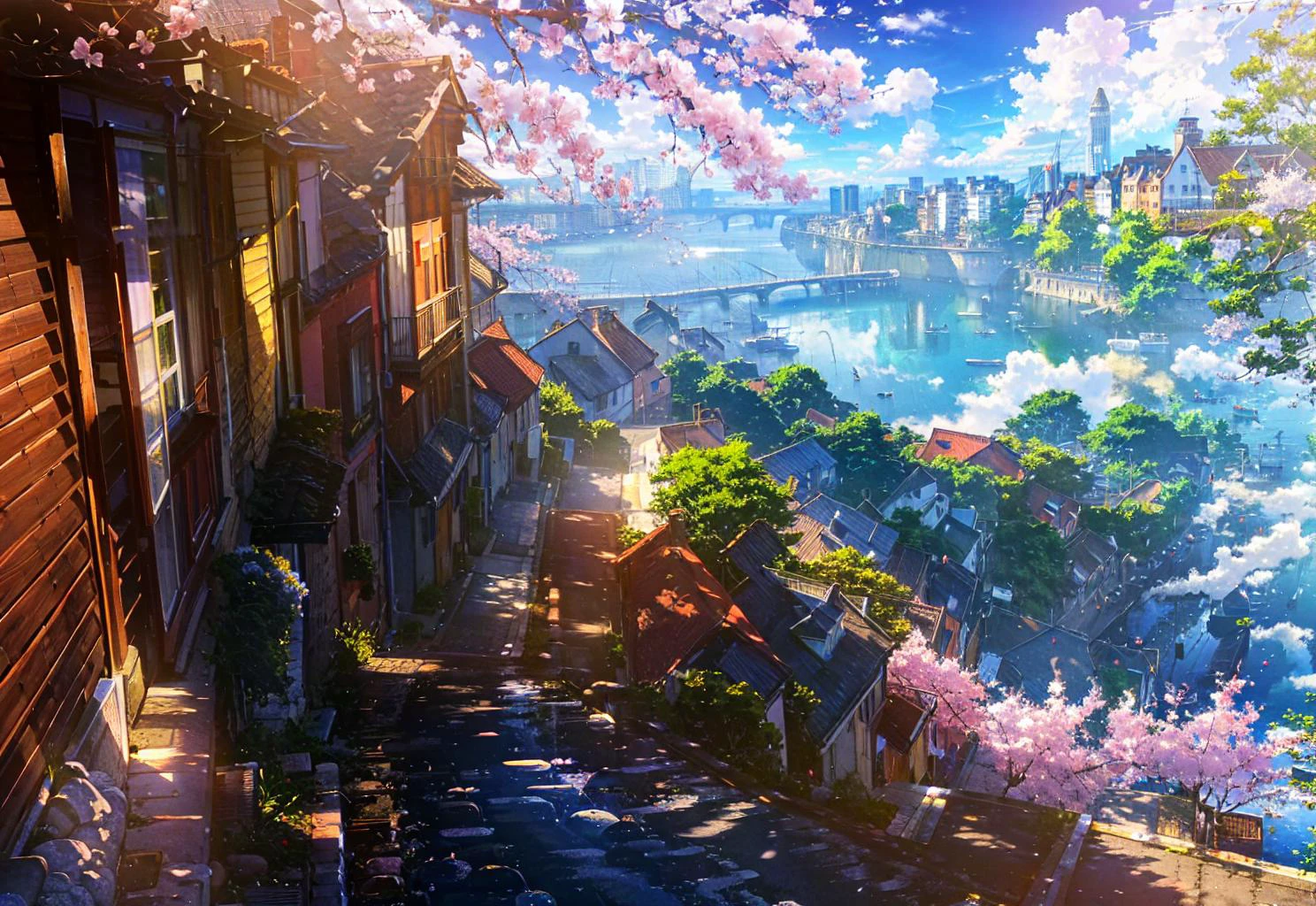 scenery,cherry blossoms,cloud,tree,sky,day,outdoors,no humans,ocean,building,water,rooftop,watercraft,house,cityscape,boat,stairs,blue sky,city,cirrus,altostratus_translucidus,<lora:Hidari_(left_side)_PonyXL_style_v01:0.8>,