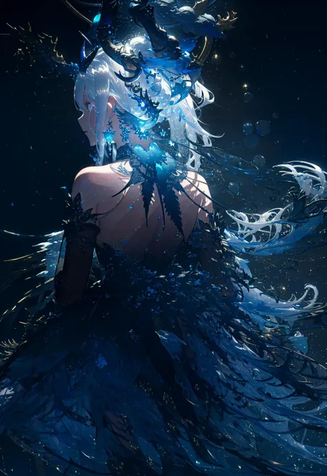 score_9,score_8_up,score_7_up,score_6_up,score_5_up,(m-da s-tarou:0),watercolor \(medium\),1girl,hina \(blue archive\),back,black background,dark low-key,white hair,demon horns,dress,earrings,elbow gloves,floating earring,gloves,halo,horns,jewelry,light particles,long hair,multiple horns,solo,strapless,strapless dress,upper body,