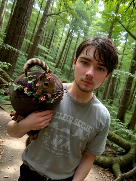 selfie photo of a caucasian mde person man (dressed like a squirrel holding a huge acorn, on tree branch in deep woods,) <lora:MatthewE_LoRA:0.8>,