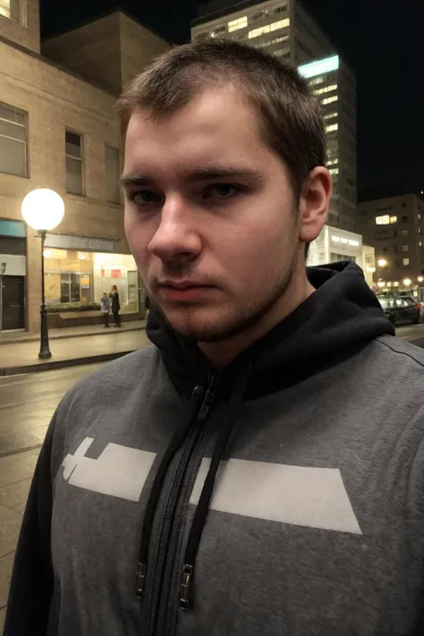 Homoerotic, male focus, Dynamic angle, close up portrait photo of a caucasian mde person man, furious, angry, scared, nervous, jacket, T-shirt, outdoors, nighttime, rain, streets, <lora:MatthewE_LoRA:0.8>,