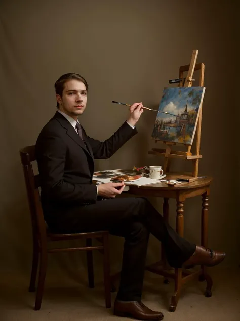 (Cinematic shot, photo of a caucasian mde person man), painter, <lora:MatthewE_LoRA:0.8>,