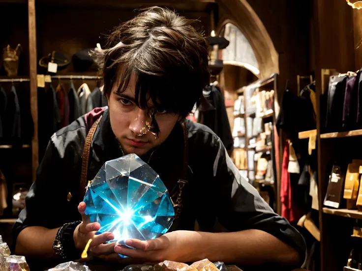 (Cinematic shot, photo of a caucasian mde person man), selling magical crystals in a fantasy item shop,<lora:MatthewE_LoRA:0.8>,