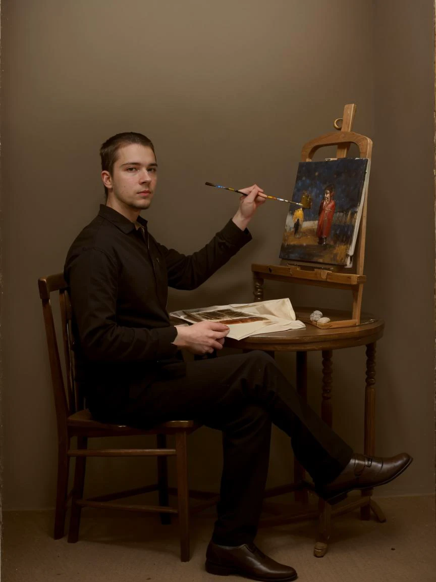 (masterpiece), best quality, ((old man in blue suit stands beside)) (((nude naked young teen girl who has brown bob hair and holds a paintbrush and shouts))), vibrant splashes of paint on body, businessmen in the background,