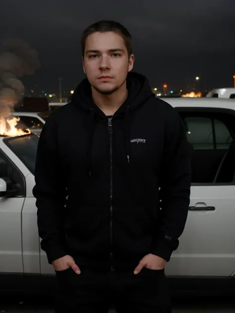(Dynamic angle, Cinematic shot, photo of a caucasian mde person man), furious, angry, anarchist, black hoodie, black jeans, riot, nighttime, burning car, flames, smoke, city, <lora:MatthewE_LoRA:0.8>,