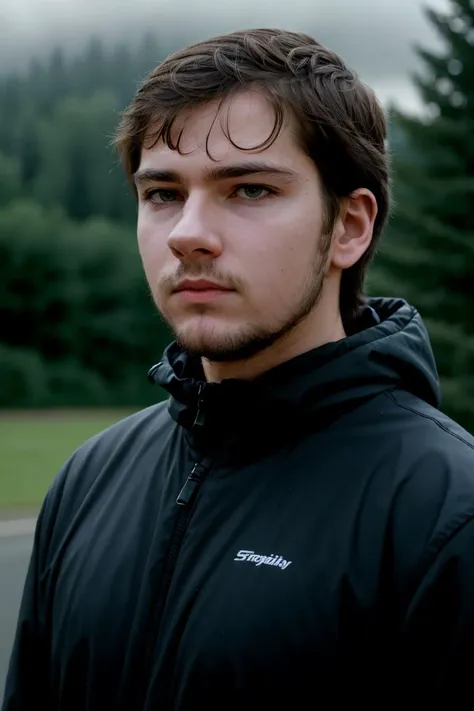 professional photo, closeup portrait photo of caucasian mde person man, serial tickler, sinister, dramatic lighting, nature, gloomy, cloudy weather, bokeh <lora:MatthewE_LoRA:0.8>