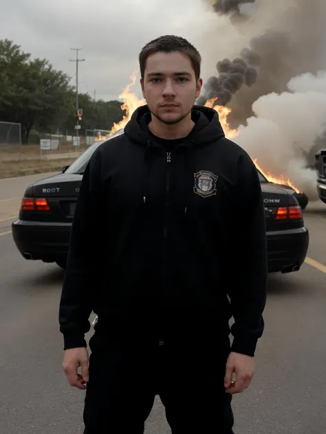 (Cinematic shot, photo of a caucasian mde person man), anarchist, black hoodie, black jeans, riot, burning cop car, <lora:MatthewE_LoRA:0.8>,