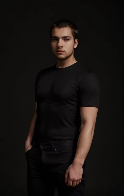 handsome man, 1man, full body, studio portrait, (clean plain flat black background:1.1), high key lighting, dramatic, black shirt, jeans, dynamic pose, masterpiece, 8k, deep skin <lora:MatthewE_LoRA:0.7>