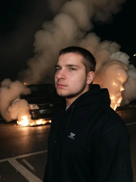(Dynamic angle, Cinematic shot, photo of a caucasian mde person man), furious, angry, anarchist, black hoodie, black jeans, riot, nighttime, burning car, flames, smoke, city, <lora:MatthewE_LoRA:0.8>,