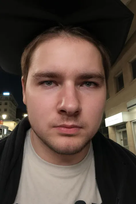 Homoerotic, male focus, Dynamic angle, close up portrait photo of a caucasian mde person man, furious, angry, scared, nervous, jacket, T-shirt, outdoors, nighttime, rain, streets, <lora:MatthewE_LoRA:0.8>,