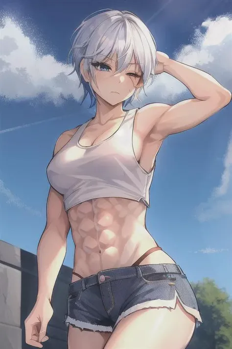 <lora:LeoV1:.75> , leo, best quality, absurdres, highres, 1girl, abs, white_hair, scar, tanktop, short shorts, short_hair, blue_eyes, one_eye_closed, outdoors, scenic