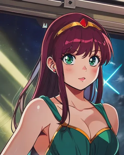 (80s anime style),<lora:Kaeli:1> kaeli, red hair, green eyes, long green dress, tiara, <lora:Gloomifier_V2_TheGlow:0.61> (retro Anime artwork), key visual, vibrant, studio anime, <lora:symix-preview-4-5:0.18>, masculine colors, cinematic lighting, (large format photography:1.3), upper body view, (masterpiece, best quality, absurdres, detailed, ultra-detailed:1.3)