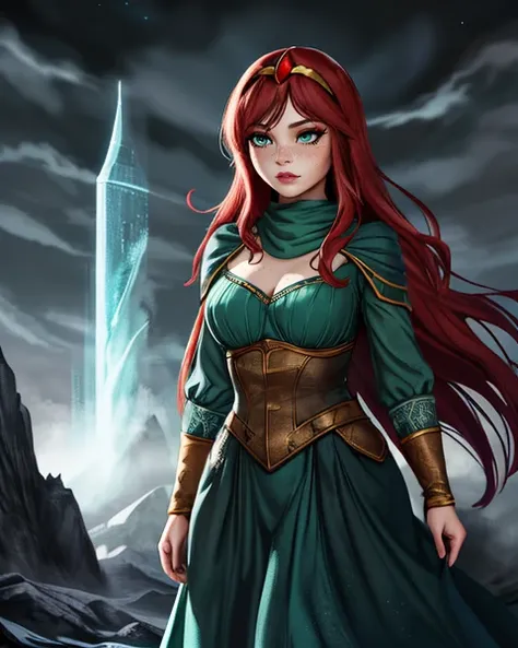 1girl, solo, kaeli, red hair, green eyes, long green dress, tiara, heroic pose, <lora:Kaeli:0.8> kkw-ph1 kkw-skin-det kkw-m4k3-up <lora:Gloomifier_V2_TheGlow:1>, (Fantasy art :1.3), Ethereal fantasy concept art, magnificent, celestial, ethereal, painterly, epic, majestic, magical, fantasy art, cover art, dreamy, (large format photography:1.3), (masterpiece, best quality, absurdres, detailed, ultra-detailed:1.3)