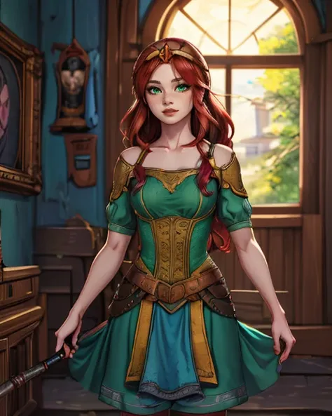 <lora:Kaeli:1> kaeli, red hair, green eyes, long green dress, tiara, kkw-ph1 kkw-skin-det kkw-m4k3-up, (Role-playing game (RPG) style fantasy :1.3), Fantasy, epic, heroic, character-focused, RPG style fantasy, (large format photography:1.3), (masterpiece, best quality, absurdres, detailed, ultra-detailed:1.3), beautiful linework, (outlines:1.05), shadows, <lora:detail_slider_v4:1.0>, <lora:realistic:0.4>, <lora:tangbohu-line_1.0:0.3>, <lora:colorify:0.3>, <lora:GoodHands-beta2:0.8>,