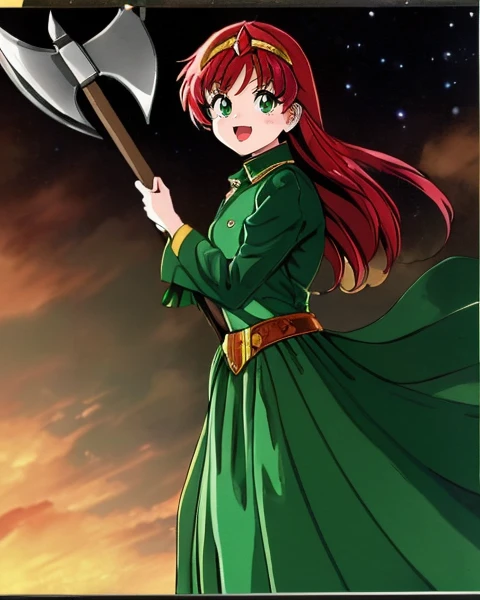 (80s anime style), <lora:Gloomifier_V2_TheGlow:0.61> (retro Anime artwork), key visual, vibrant, studio anime <lora:Kaeli:1> kaeli, red hair, green eyes, long green dress, tiara, holding big axe, masculine colors, (Whimsical and playful :1.3), Cheerful, lighthearted, quirky, whimsical, playful, detailed, high energy., cinematic lighting, (cowboy shot:0.85), (large format photography:1.3), upper body view, (masterpiece, best quality, absurdres, detailed, ultra-detailed:1.3)